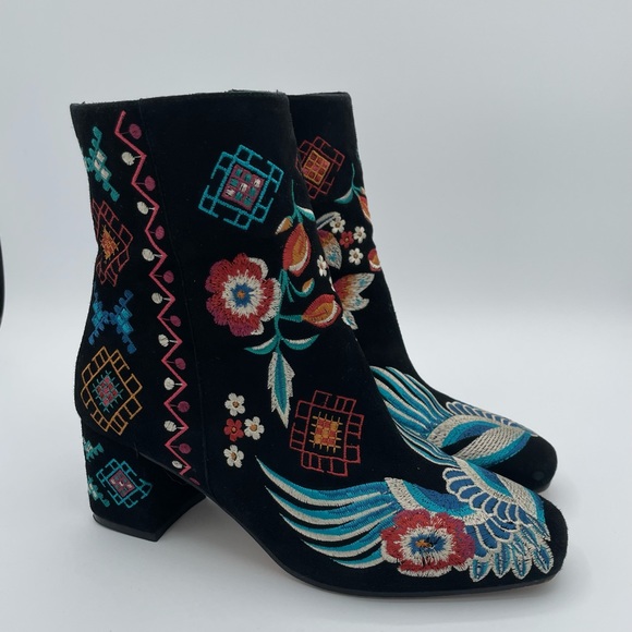 Johnny Was Shoes - Embroidered Black Velvet Ankle Boots with Multicolor Floral Accents